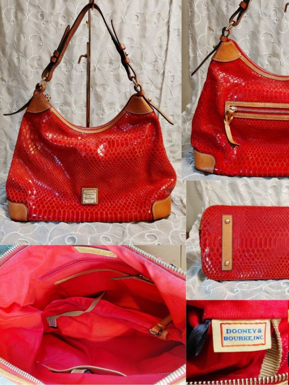 Dooney & Bourke Red Snake Embossed Leather Hobo Shoulder Bag